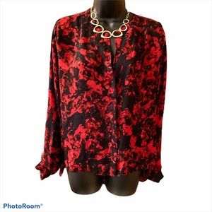 Parker Red & Black Silk Long Sleeve Blouse - Large